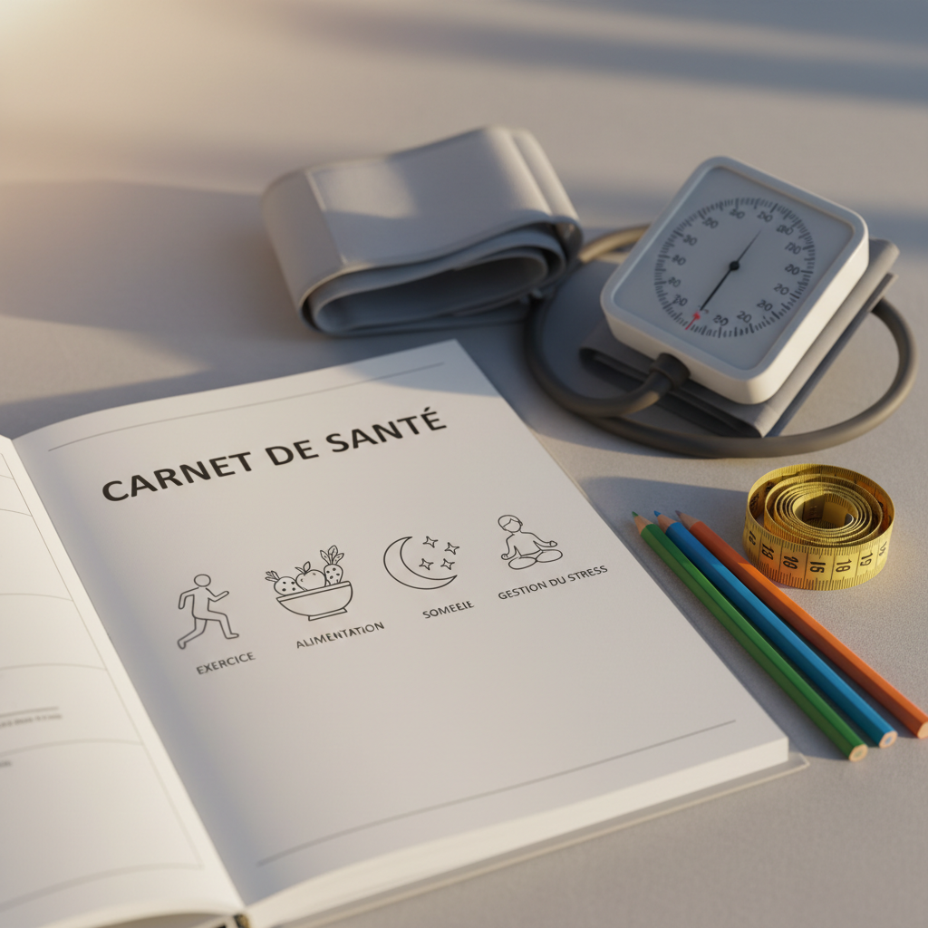 Un carnet de santé fictif soigneusement posé sur un tissu gris clair, ouvert sur une page comportant des pictogrammes clairs d’exercice, alimentation, sommeil et gestion du stress, dessinés de manière simple et pédagogique. À côté, un brassard de tensiomètre posé bien en vue, un ruban à mesurer souple enroulé, et quelques crayons de couleur. La scène est éclairée par une lumière naturelle de fin d’après-midi, chaude mais douce, provenant d’un côté et créant un subtil jeu d’ombres. Photographie réaliste prise à hauteur d’objet, avec un cadrage serré sur les instruments de prévention. L’ambiance est rassurante, pratique et éducative, illustrant une approche globale et accessible de la santé.